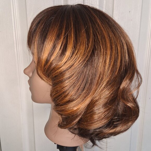 Short Wavy Synthetic Blossom Wig Daily Highlights Bangs Curly Light Dark Brown - Picture 5 of 9